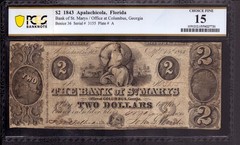 1843 $2 BANK OF ST. MARY’S APALACHICOLA FLORIDA OBSOLETE NOTE PCGS B CHOICE F 15