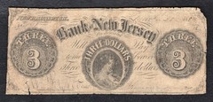 1858 $3 BANK OF NEW JERSEY NEW BRUNSWICK, NJ OBSOLETE CURRENCY NOTE