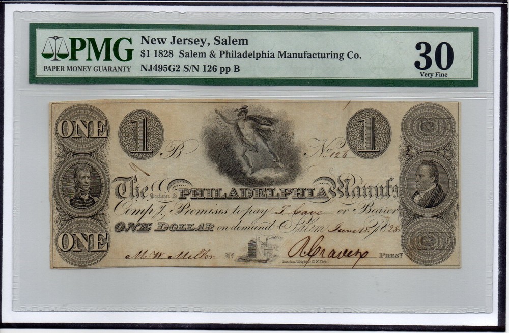 PMG30 1828 $1 Salem, New Jersey Salem & Philadelphia Manufacturing Obsolete Note