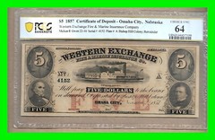 1857 Western Exchange $5 Certificate of Deposit – PCGS Choice 64 – UNC – Rare