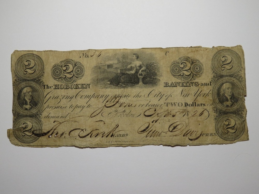 $2 1826 Hoboken New Jersey NJ Obsolete Currency Bank Note Bill Grazing Company