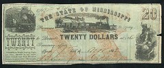 1862 $20 TWENTY DOLLARS THE STATE OF MISSISSIPPI OBSOLETE BANKNOTE TRAIN SCARCE