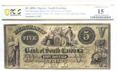 1857 $5 MERCHANTS’ BANK OF SOUTH CAROLINA CHERAW, SC OBSOLETE ISSUE PCGS 15 VF