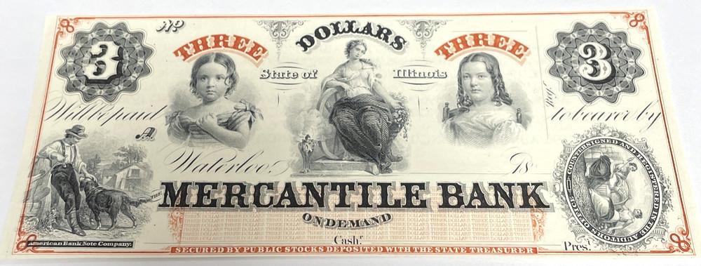$3 Three Dollars Mercantile Illinois Banknote Obsolete Note, HAND PRINTED CRISOY