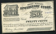 1863 20 TWENTY CENTS MOUNT PLEASANT APOTHECARY STORE ROXBURY, MA SCRIPT