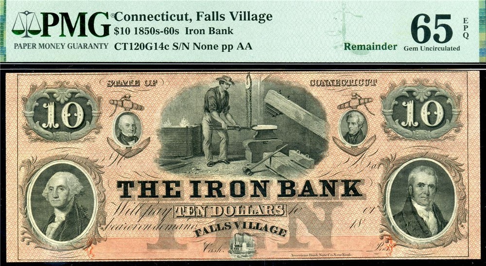 HGR 1850’s-60’s $10 FALLS VILLAGE CT CT-120 (Ironworker) PMG GEM UNC 65EPQ (10)