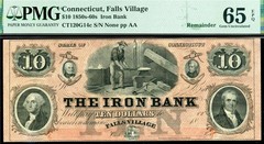 HGR 1850’s-60’s $10 FALLS VILLAGE CT CT-120 (Ironworker) PMG GEM UNC 65EPQ (10)