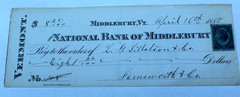 1882 MIDDLEBURY, VT NB MIDDLEBURY NB BRIGHT VF+ NICE CRISP PAID REVENUE STAMP