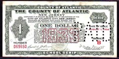 1933 $1 COUNTY OF ATLANTIC, NEW JERSEY SCHOOL SCRIP. VERY FINE.