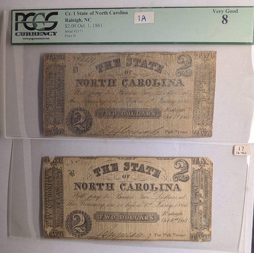Two Scarce Varieties of 1861 North Carolina $2 Notes (Cr. 1A & Cr. 17)