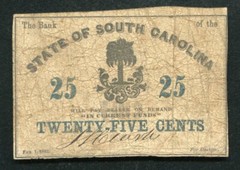 1863 25 CENTS THE BANK OF THE STATE OF SOUTH CAROLINA OBSOLETE SCRIP NOTE 
