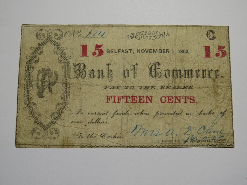 $.15 1862 Belfast Maine ME Obsolete Currency Bank Note Bill Bank of Commerce
