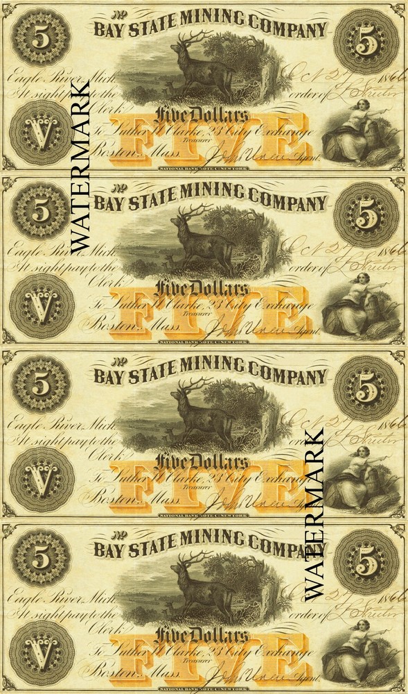 Eagle River MI Bay State Mining $5 Script Obsolete Sheet REPRODUCTION Horse