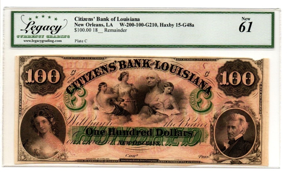 1860s New Orleans, Louisiana $100 Remainder Note Legacy New 61