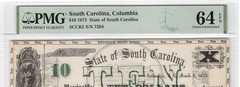 1872 SOUTH CAROLINA Columbia, $10 State Banknote Obsolete Currency, PMG ChUNC 64