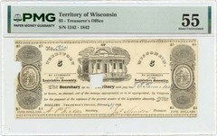 1842 $5 Territory of Wisconsin Obsolete Note Treasurer’s Office PMG AU55