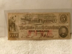 Authentic Confederate State Of North Carolina $5 1863 Note Currency Paper Money