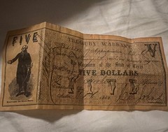 1862 State Of Texas Five Dollar Treasury Warrant. Reproduction