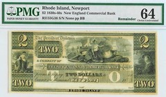 1830s-1840s NEWPORT,RI $2 NEW ENGLAND COMMERICAL BANK NOTE PMG CHOICE UNC 64