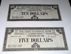1933 $10 and $5 Depression Scrip The First National Bank Oswego Kansas KS