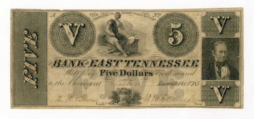1854 $5 The Bank of East Tennessee – Knoxville, TENNESSEE Note at Jonesboro