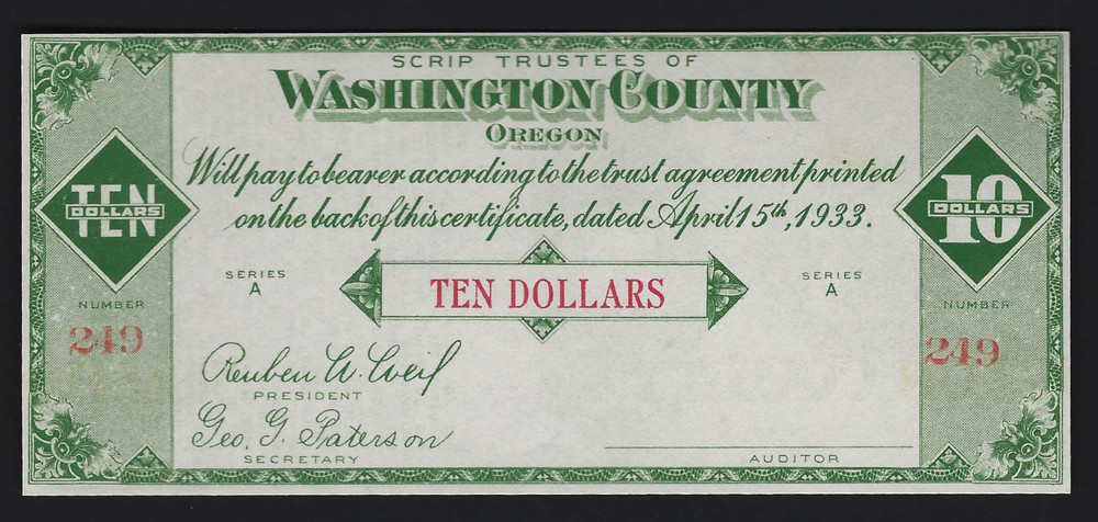 $10 Depression Scrip 1933 Washington County Oregon (OR) Hillsboro – Uncirculated