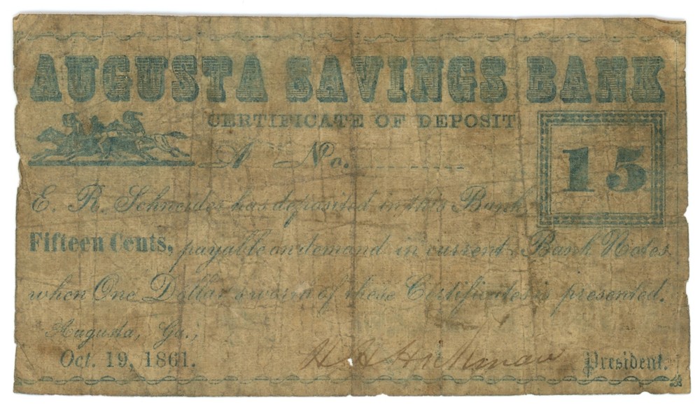 1861 Augusta Savings Bank Georgia GA 15c (L1970)