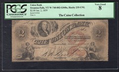 1859 $2 THE UNION BANK SWANTON FALLS, VERMONT OBSOLETE NOTE PCGS VERY GOOD-8
