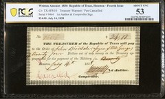Republic of Texas 1838 Houston, Treasury Warrant Government Banknote, PCGS AU53
