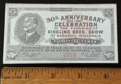 Vintage 1933 Ringling Bros. Show (Circus) 50th Anniv. Baraboo WI Wisconsin Scrip