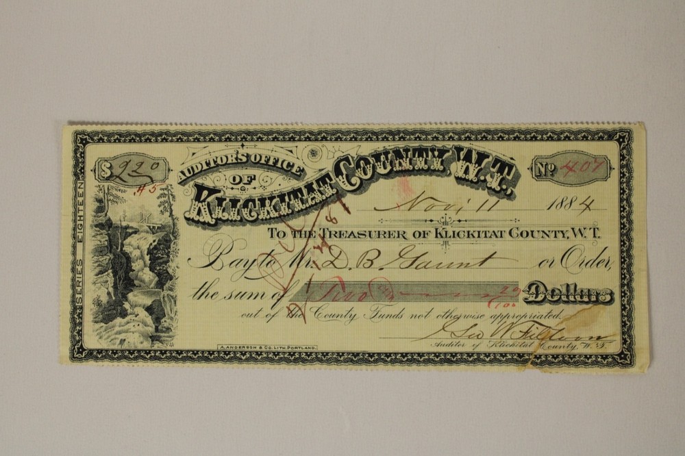 Auditor’s State Office Treasurer of Klickitat County Funds WT 1884 1800s Antique