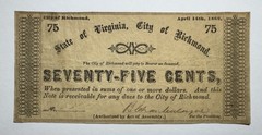 1862 75 Cent State Of Virginia, City Of Richmond Fractional Obsolete Currency