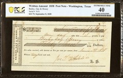 Republic of Texas 1838, $33 Check Washington Treasury Warrant Banknote PCGS XF40