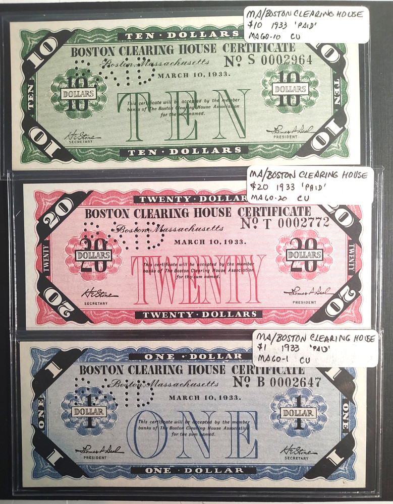3 Massachusetts Clearing House – Boston, MA – 1933 Depression Scrips $1, $10,$20
