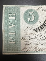 1862 $5 Virginia Treasury Note Civil War Era (UNC)