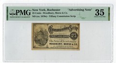 1870s Rochester New York WOODBURY MORSE & CO 25c Tiffany Commission Scrip PMG 35