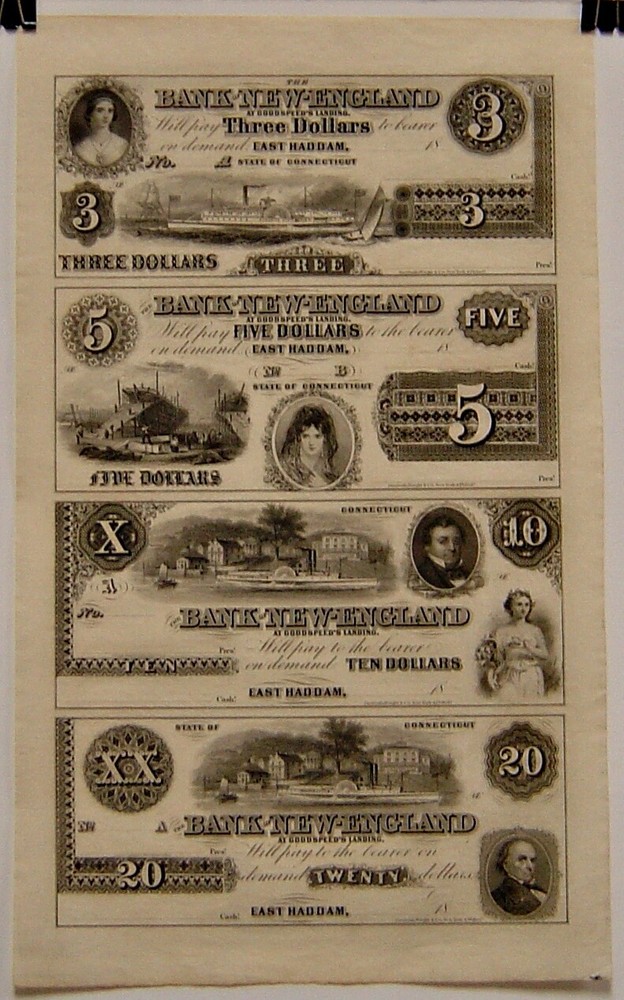 Uncut Obsolete Currency Sheet: $3, $5, $10, $20 Bank Of New England