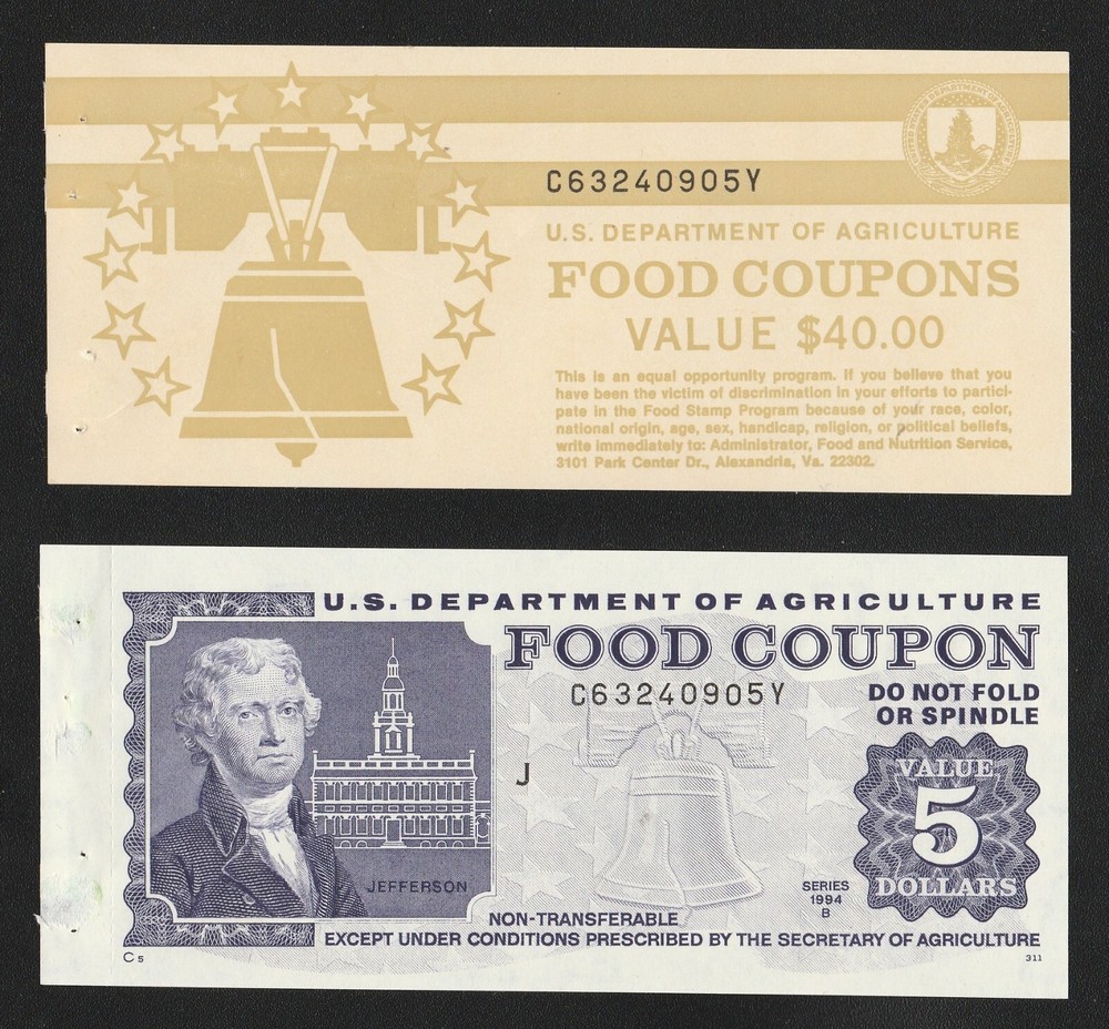 Food Stamp Coupon $5.00 1994 B USDA Scrip TOKEN Serial # C63240905Y/C J