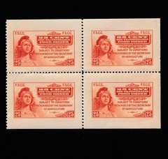 FOOD STAMP COUPON USDA 1939 2G1 BLOCK OF 4 FOOD ORDER OF 25c RED ORANGE scrip