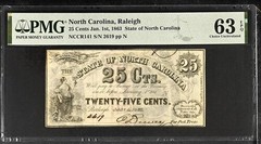 1863 Raleigh North Carolina Confederate Civil War 25c BANKNOTE PMG CU63