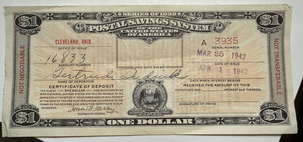 1942 Postal Savings System One Dollar Certificate Series of 1939 | Cleveland, OH