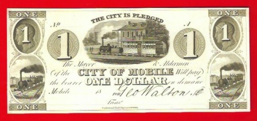 Alabama Obsolete Banknote Mobile AO-307 $1a REPRODUCTION NOTE Proof Plate Note