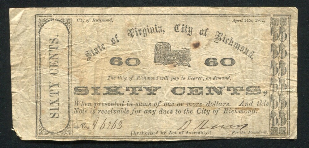 1862 60 SIXTY CENTS STATE OF VIRGINIA, CITY OF RICHMOND OBSOLETE SCRIP NOTE (Q)