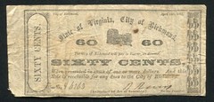 1862 60 SIXTY CENTS STATE OF VIRGINIA, CITY OF RICHMOND OBSOLETE SCRIP NOTE (Q)
