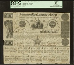 Republic of Texas 1841, Austin TX Government Bond $500 Stock Currency, PCGS VF35