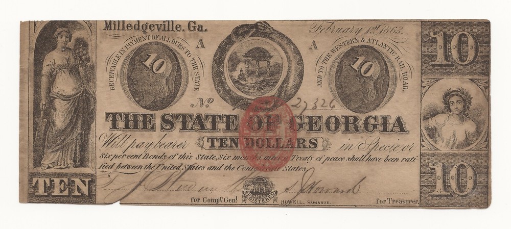 1863 $10 The State of Georgia Obsolete Note W/ Signatures RHW