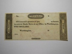 $2 18__ Worthington Ohio OH Obsolete Currency Bank Note Erza Griswold UNC++