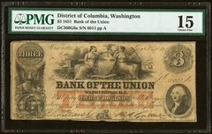 1857 – Washington, D.C. – Bank of the Union $3 – PMG 15 – RARE & DESIRABLE