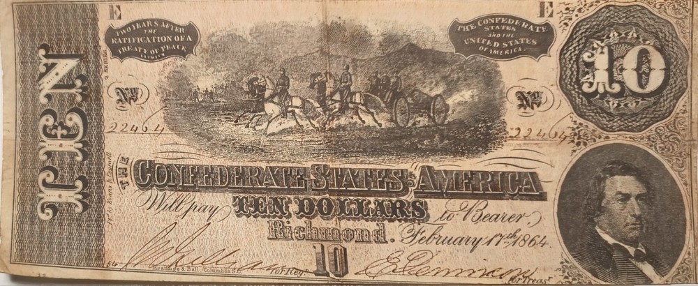 1864 $10 Confederate States of America Note Richmond Civil War Currency – T-68