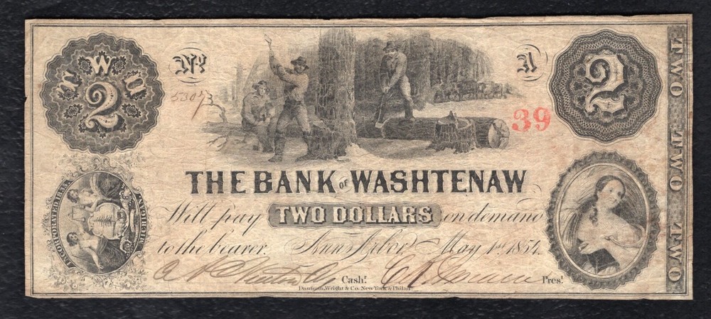 1854 $2 THE BANK OF WASHTENAW ANN ARBOR, MICHIGAN OBSOLETE CURRENCY NOTE